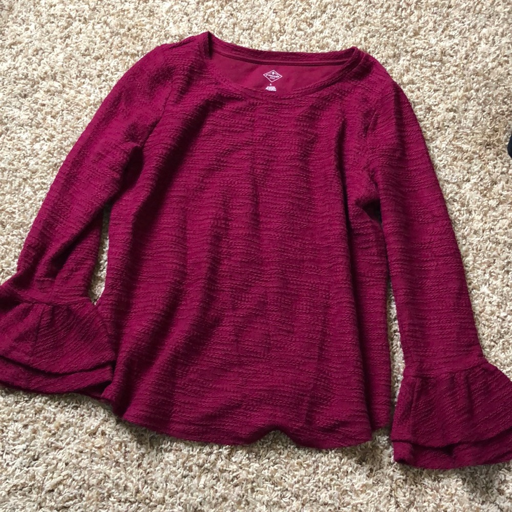 Merlot colored top with tiered bell sleeves